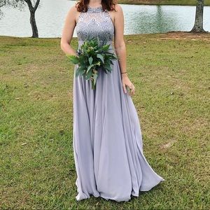 Full length gray and silver sequin dress